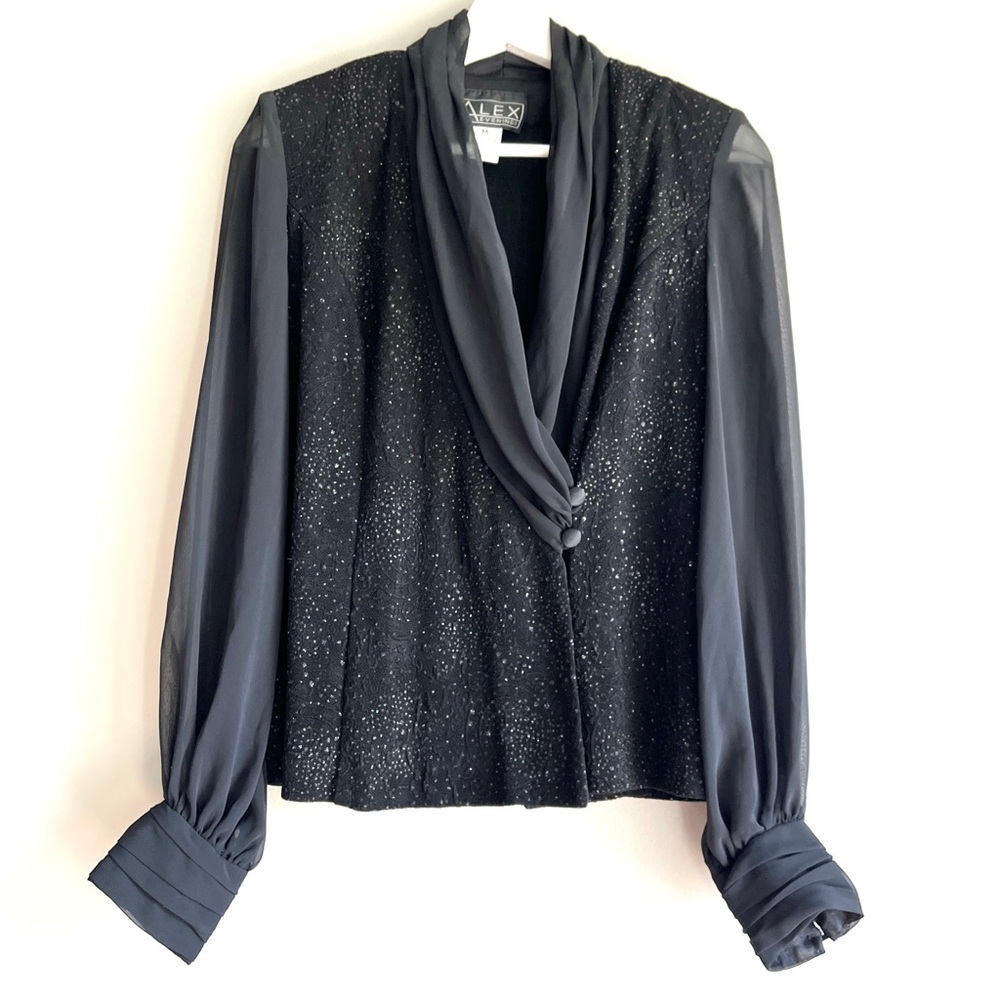 Alex evenings vintage black sparkly top wrap sheer vneck jacquard dressy stretch